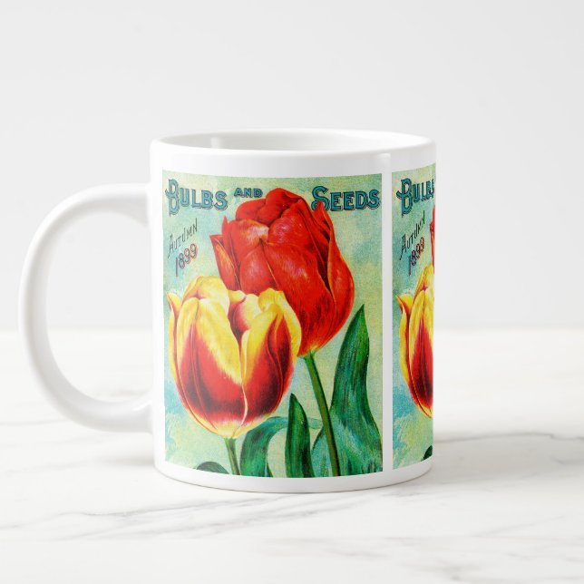 Caneca De Café Grande Anúncio Antiquado de Jardim, Tulipas Amarelas Verm (Esquerda)