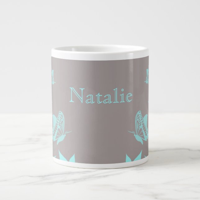 Caneca De Café Grande Aqua Butterfly Floral Jumbo Mug (Frente)