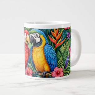 Caneca De Café Grande Araras da Selva Papagaios Alegres Flores Vibrantes