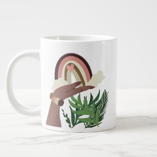 Caneca De Café Grande Arco-íris Boho na Mão da Mulher Vegetação (Esquerda)