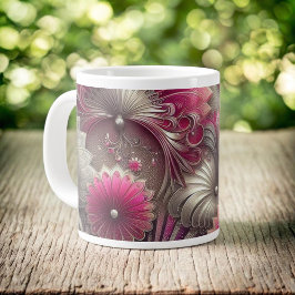 Caneca De Café Grande Art Nouveau Ventiladores rosa e prateados