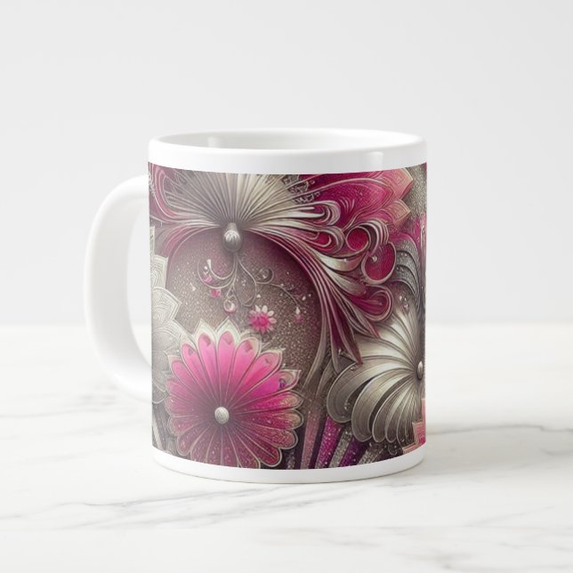 Caneca De Café Grande Art Nouveau Ventiladores rosa e prateados (Frente Esquerda)
