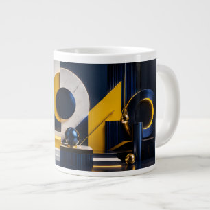 Caneca De Café Grande Arte Abstrata Dinâmica com Azul Naval, Dourado e M