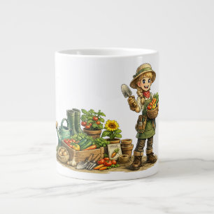 Caneca De Café Grande Arte de Menina Fofa Jardineira Colhendo Legumes