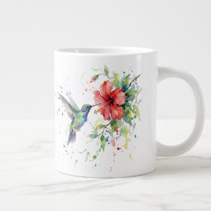 Caneca De Café Grande Arte Floral Colorida de Beija-flor em Aquarela da
