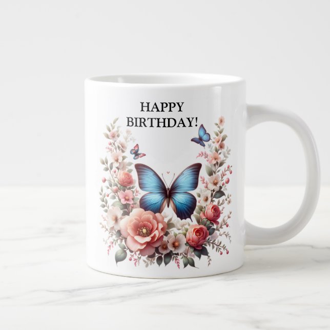Caneca De Café Grande Arte Floral de Borboleta Azul Personalizável-96279 (Direita)