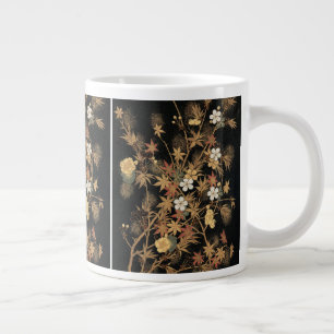 Caneca De Café Grande Arte Floral Outonal em Preto Dourado Japonês Vinta