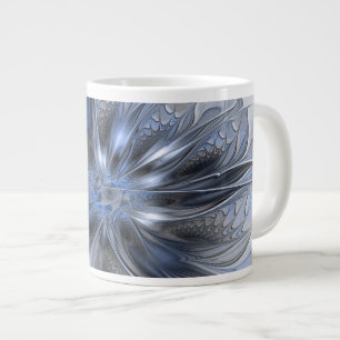 Caneca De Café Grande Arte Fractal Floral Abstrata em Aquarela Azul Cinz