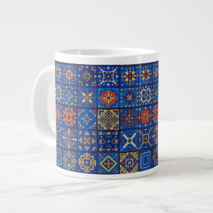 Caneca De Café Grande Arte Popular Motivos Geométricos Azul Cobalto Boêm