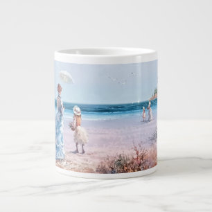 Caneca De Café Grande Arte Refinada de uma Mulher na Praia com Crianças