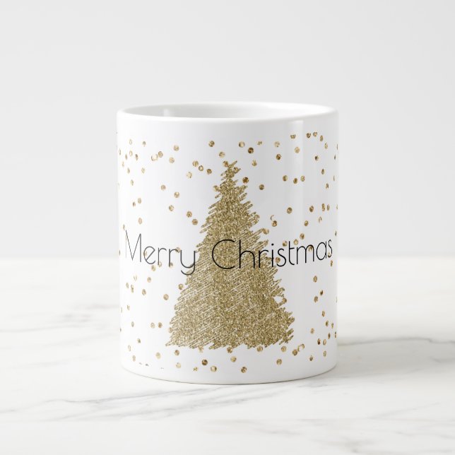 Caneca De Café Grande Árvore de Natal Glitter Sparkle Dourada branca (Frente)