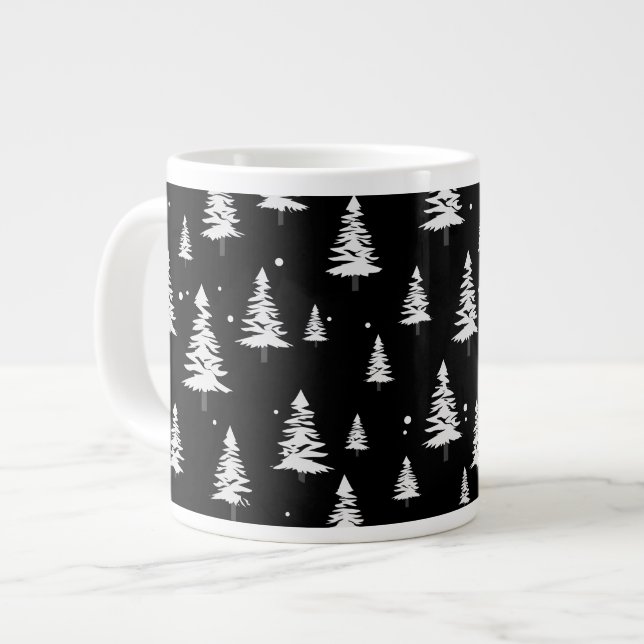 Caneca De Café Grande Árvore de Natal Preta e Branca (Frente Esquerda)