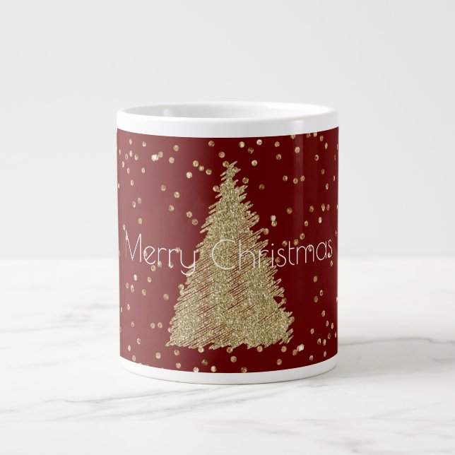 Caneca De Café Grande Árvore de Natal Red Dourada Glitter Sparkle    (Frente)
