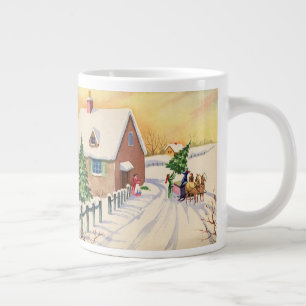 Caneca De Café Grande Árvore de Natal Vintage em uma Estrada de Inverno 