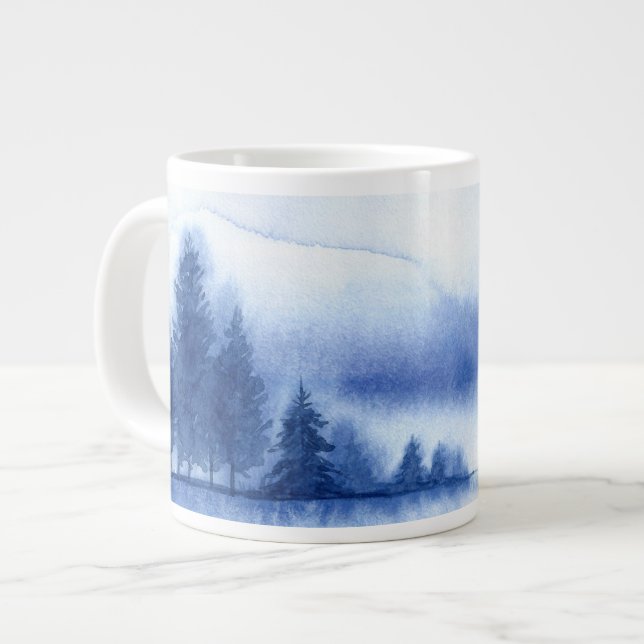 Caneca De Café Grande Árvores de Pinheiros com Aquarela Azul (Frente Esquerda)