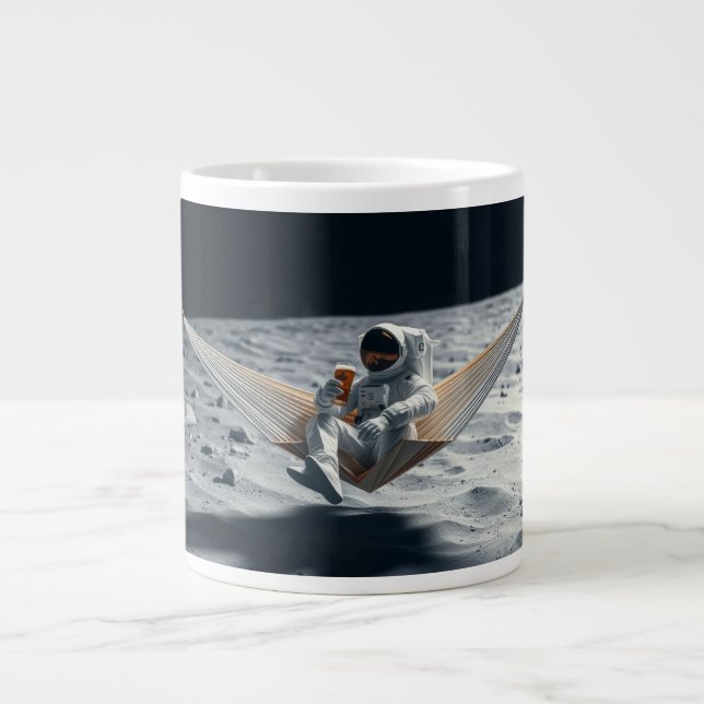 Caneca De Café Grande Astronauta Relaxando com Cerveja na Lua (Frente)