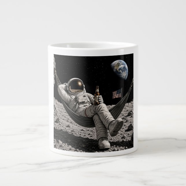 Caneca De Café Grande Astronauta Relaxando com Cerveja na Lua (Frente)