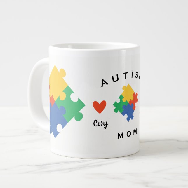 Caneca De Café Grande Autismo Mãe Personalizada com Dois Nome para Crian (Frente Esquerda)