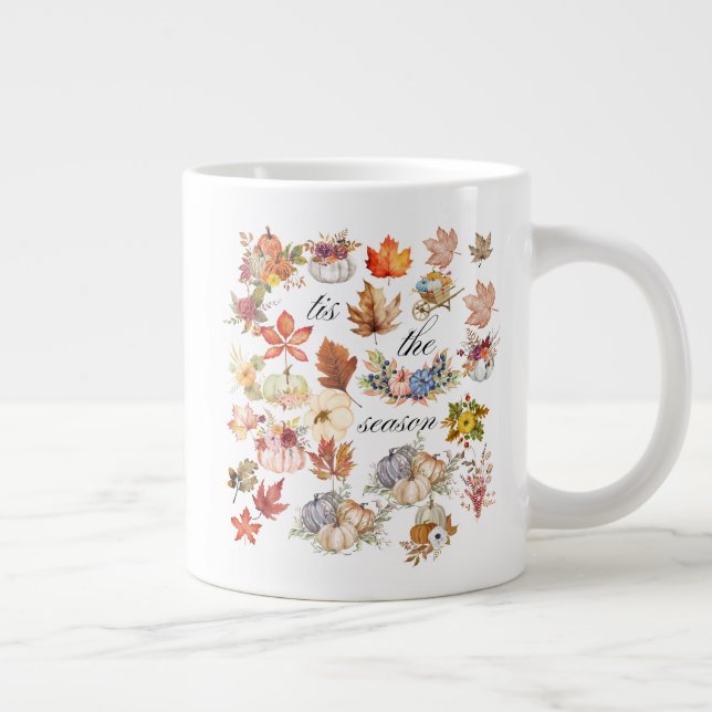 Caneca De Café Grande Autumn Pumpkin Floral Leaves Art (Direita)