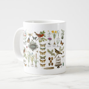 Caneca De Café Grande aves botânicas francesas e flores modernas