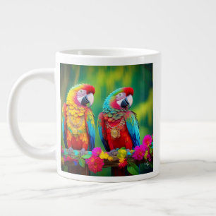 Caneca De Café Grande Aves De Mata Coloridas Na Ramificação-67859