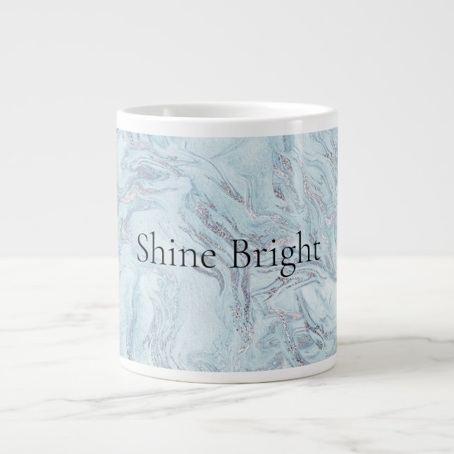 Caneca De Café Grande Azul Aqua Silver Marble Swirls (Frente)