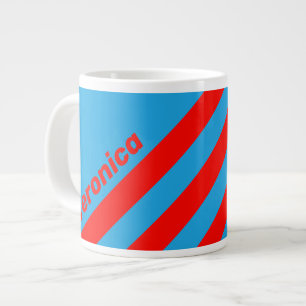 Caneca De Café Grande Azul Elétrico Retro Vermelho Três Listras com Nome