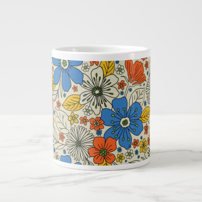 Caneca De Café Grande Azul Retroativo, Amarelo e Laranja Floral (Frente)