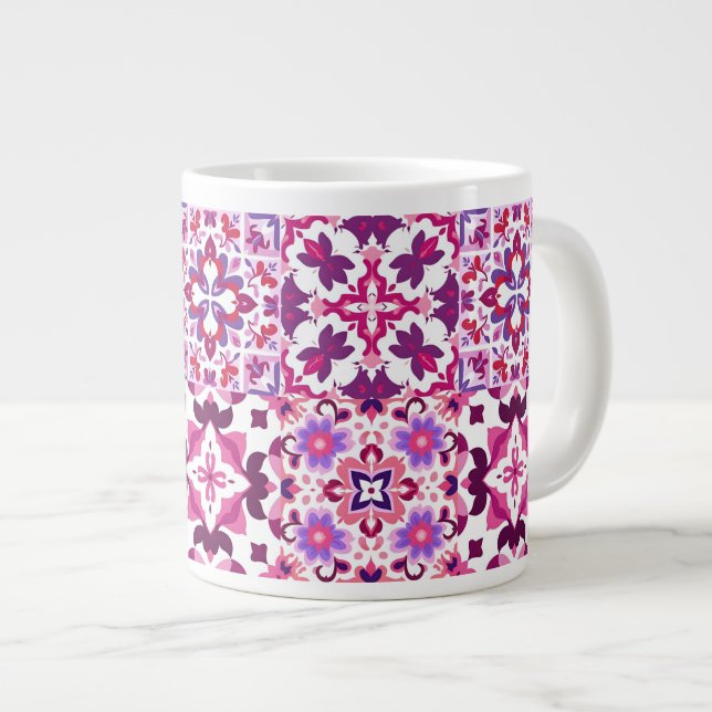 Caneca De Café Grande Azulejos Espanhóis Rosa e Roxo (Frente Esquerda)
