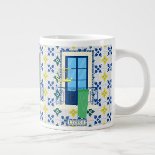 Caneca De Café Grande Azulejos portugueses e varanda de janela com aves