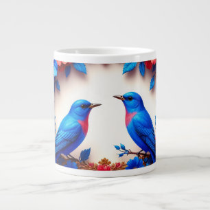 Caneca De Café Grande Azulões Vibrantes Descansando Entre Flores Colorid
