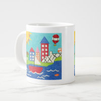 Balão de vela e ar quente com paisagem urbana