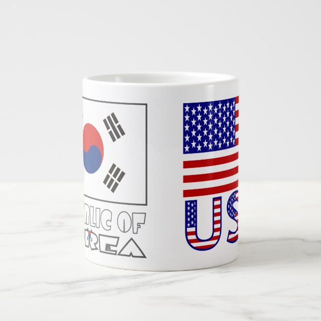 Caneca De Café Grande Bandeiras da Coreia do Sul e EUA (Frente)