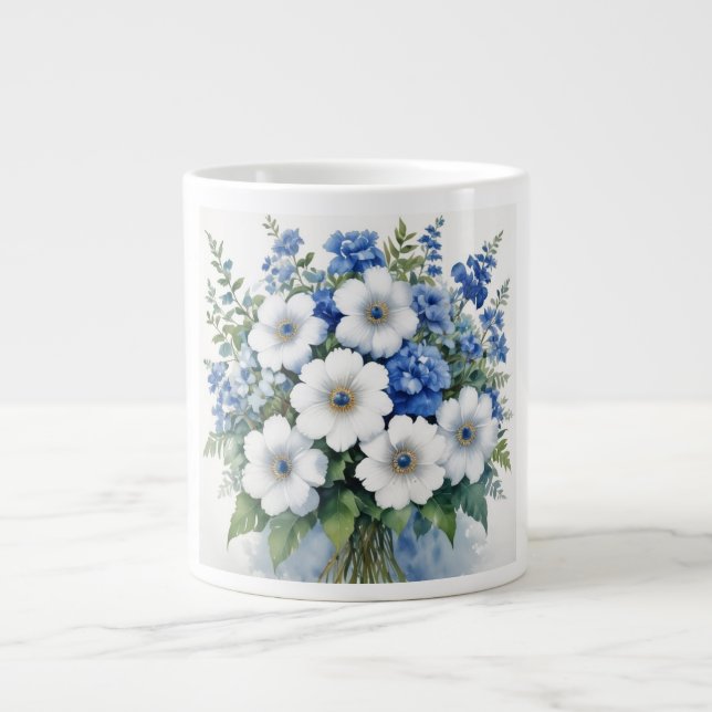 Caneca De Café Grande Bando de Flores de Aquarela Elegante (Frente)