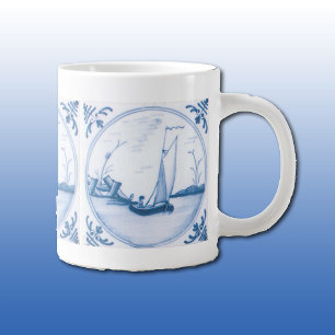 Caneca De Café Grande Barco à Vela Azul Branco Delft