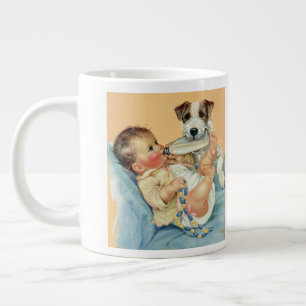 Caneca De Café Grande Bebê Bonito Antigo com Mamadeira e Cachorro