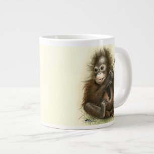 Caneca De Café Grande Bebê Orangotango Com Folhas