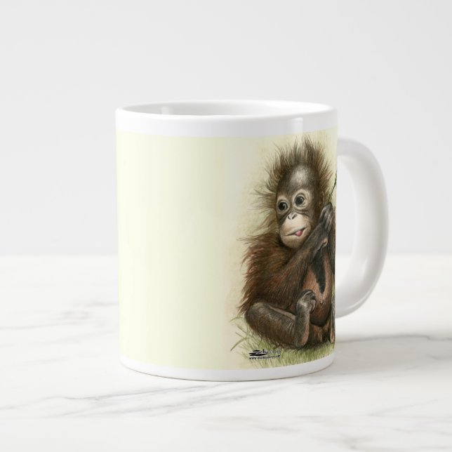 Caneca De Café Grande Bebê Orangotango Com Folhas (Frente Esquerda)