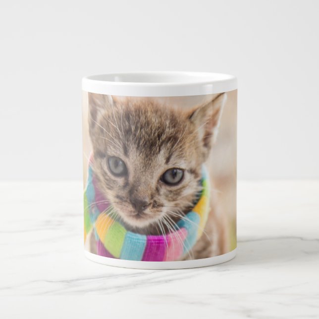 Caneca De Café Grande Bebês Mais Pobres | Tabby Kitten Rainbow Scarf (Frente)