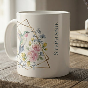 Caneca De Café Grande Beija-flor Aquarela Floral