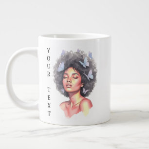 Caneca De Café Grande Beleza Afro com Borboletas – Retrato em Aquarela