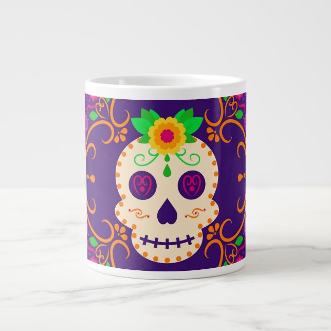 Caneca De Café Grande Belo crânio com flores Día de los Muertos (Frente)