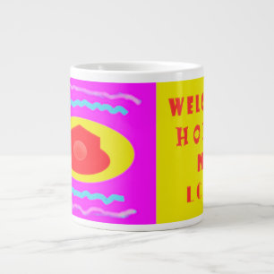 Caneca De Café Grande Bem-vindos ao lar, cor-de-rosa-excelente e amarelo