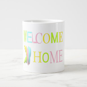 Caneca De Café Grande Bem-vindos ao lar em pinks azuis cor amarela