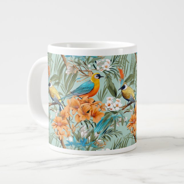 Caneca De Café Grande Birds Chinoiserie Mint Orange (Frente Esquerda)