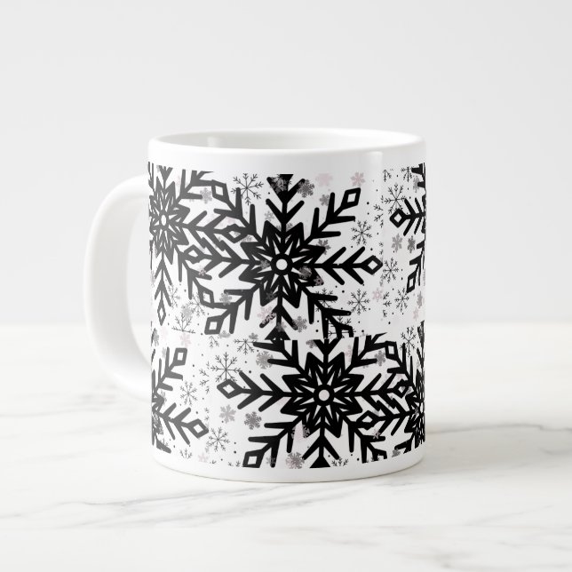 Caneca De Café Grande black and white snowflake mug (Frente Esquerda)
