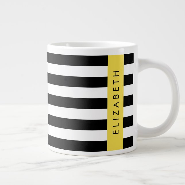 Caneca De Café Grande Black and White Stripes, Stripes, Linhas, Seu Nome (Direita)