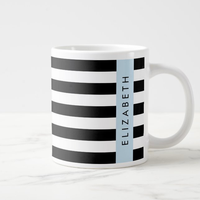Caneca De Café Grande Black and White Stripes, Stripes, Linhas, Seu Nome (Direita)