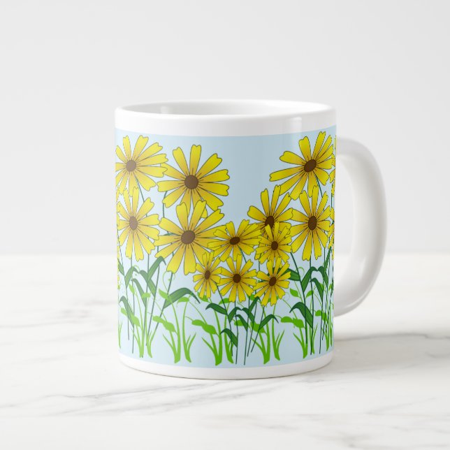 Caneca De Café Grande Bloomias de ouros: Flor Amarelo e Arte Verde (Frente Esquerda)