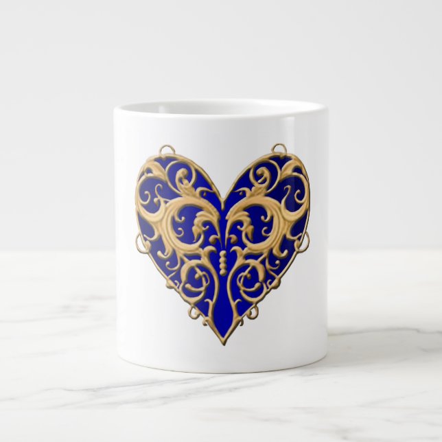 Caneca De Café Grande Blue Filigree Heart Mug (Frente)